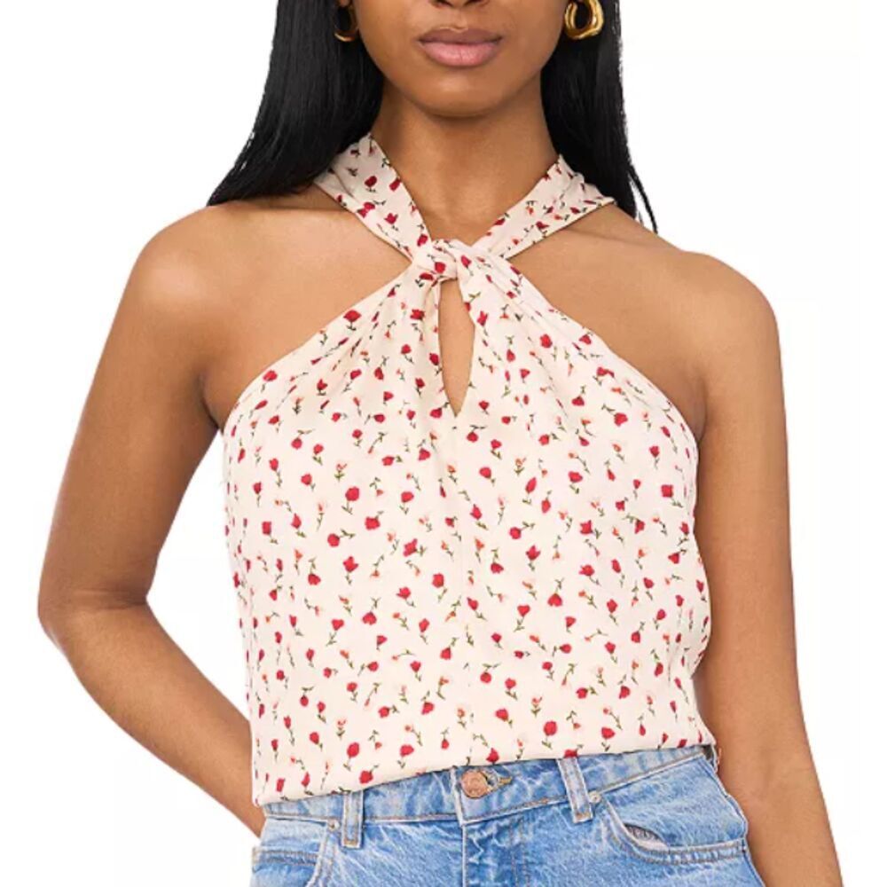 1 STATE Twisty Tie Halter Apron Top Roses Dainty Flowers Size XL NWT